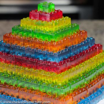 pyarmid made of stackable gummy LEGO JELLO candy