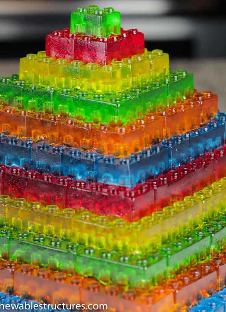 pyarmid made of stackable gummy LEGO JELLO candy