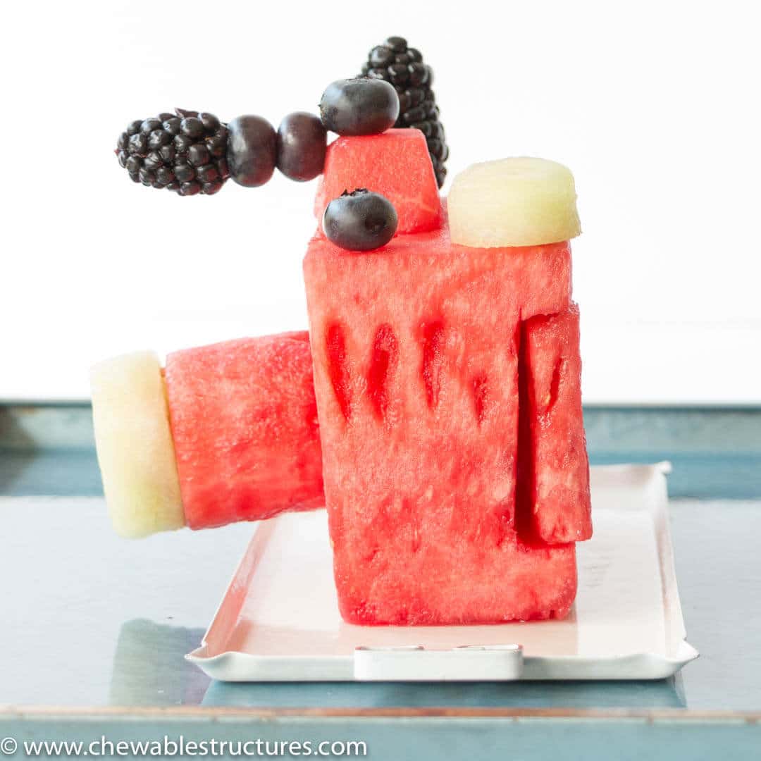 side view of an edible camera made of watermelon that is sitting on a tray