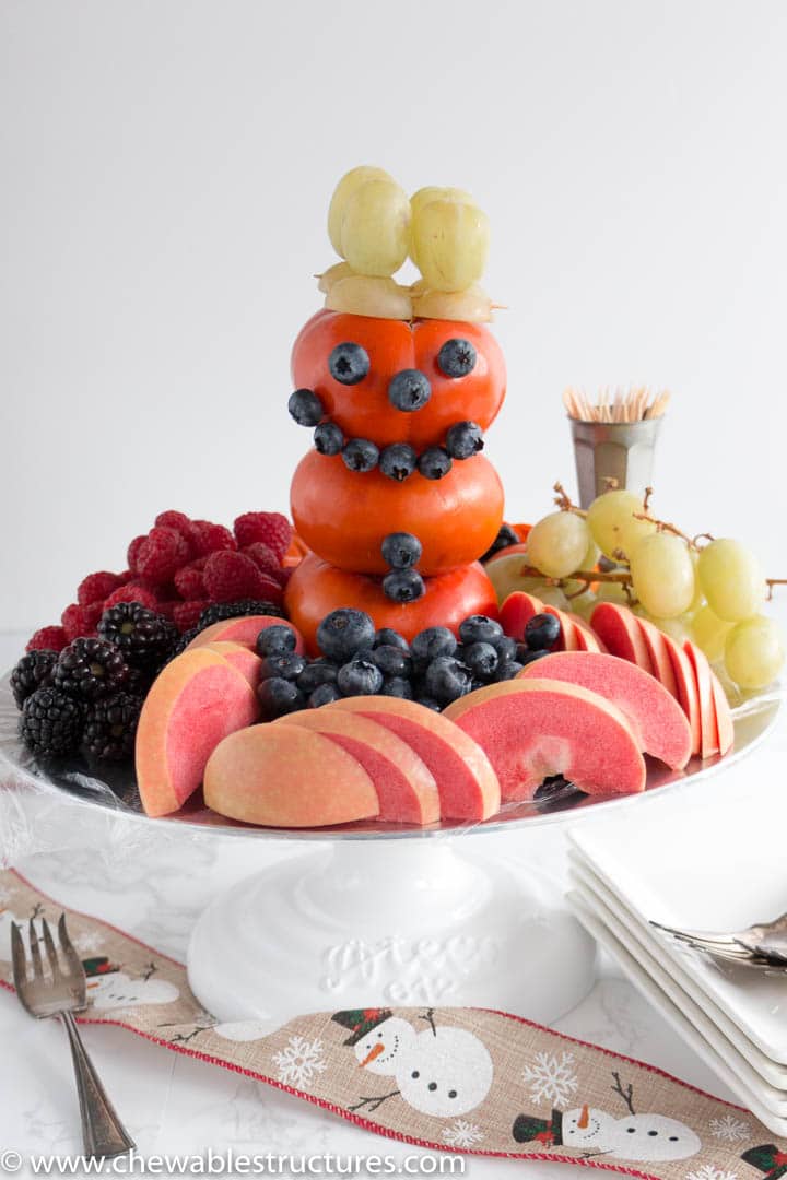 An edible 3-D snowman made of Fuyu persimmon, blueberries, and green grapes.