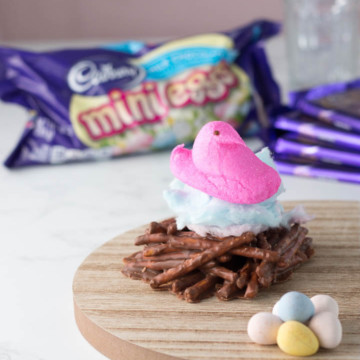 birds nest made of chocolate covered pretzels topped with cotton candy and Peeps