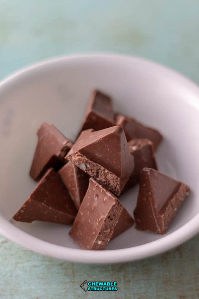 chunks of Toblerone chocolate in a bowl
